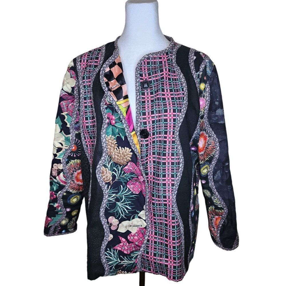 Vintage 80s 90s Reversible Jacket Multicolor Womens Size L Floral Black Mixed Fa